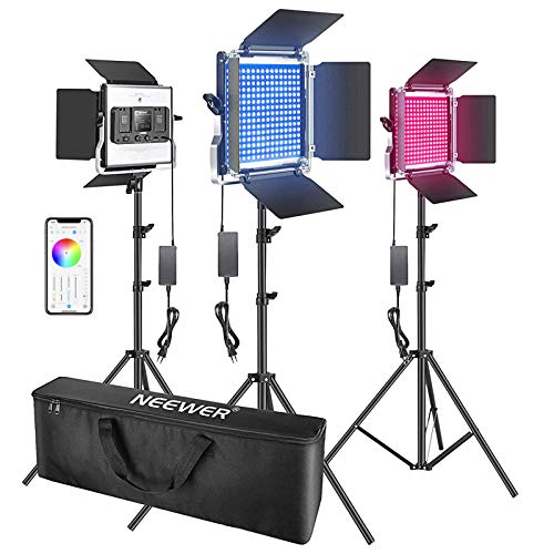 Neewer 3pz Luce LED RGB Faretto Controllabile via APP, con Stativo & Borsa di Trasporto, 480 Bulbi LED SMD CRI95 3200-5600K Luminosità 0-100% Colore Regolabile 0-360 9 Condizioni Applicabili