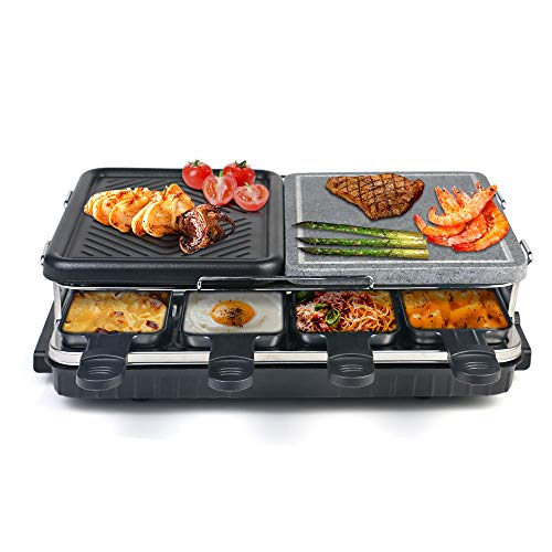 Raclette per 8 Persone, Grill con Piastre in Metallo e Pietra Naturale 2-In-1 Griglia, Termostato Regolabile - 1300W Nero