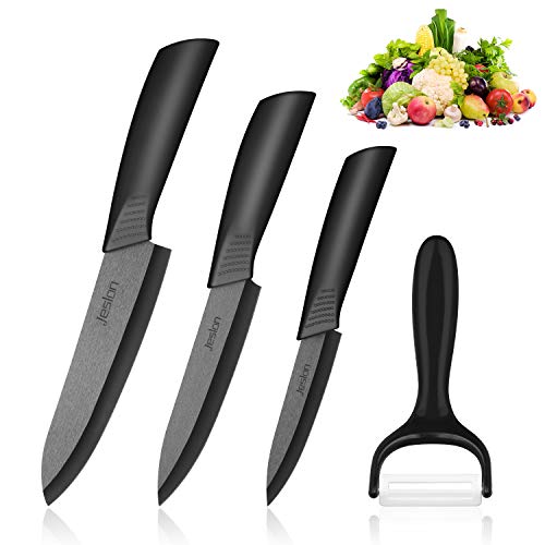 Jeslon Set di coltelli in ceramica, 3 Coltelli Ceramica e 1 Pelapatate (6'' Coltello da Cucina, 5'' Coltello Multiuso, 4'' Coltello da Frutta) affilato e leggero per Cucinare Verdure