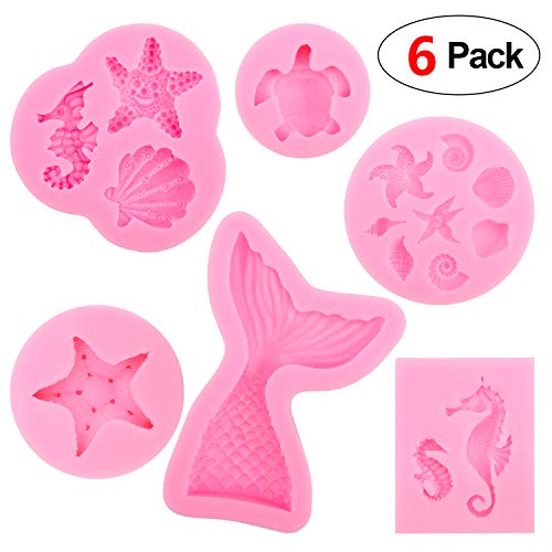 HOWAF 6 Pezzi Stampi in Silicone 3D Forma Set di Animali Torte Fondente Zucchero Biscotti Ghiaccio Dolci Marzapane Sapone Forno, Coda di Sirena, Stelle Marine, Tartaruga Marina