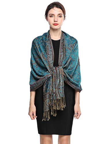 EASE LEAP Sciarpa Pashmina per donna scialle avvolgente caldo di lusso con sensazione di seta Hijab Paisley in colori ricchi con frange 200 * 70cm/(13-Blu pavone)