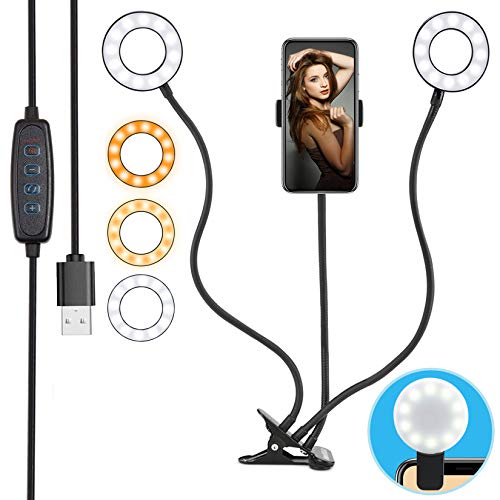 Luce ad Anello LED a Doppia Testa,HEERTTOGO Selfie Ring Light Portatile 3Modalità 10Livelli di Luminosità 48LED con Clip Supporto per Telefono Cellulare per Youtube,Facebook,iPhone,Trucco,Fotografia