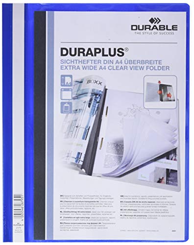 Durable 257906 - Cartellina ad Aghi Duraplus, Formato A4+, Fronte Trasparente e Retro Colorato, Azzurro, Confezione da 25 Pezzi