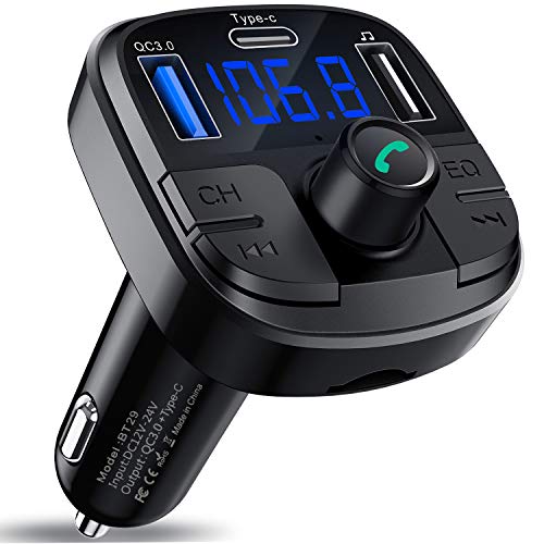 Clydek Trasmettitore FM per Auto Bluetooth 5.0, Caricabatterie per Trasmettitore Audio con QC3.0 e Ricarica Rapida di Tipo C, Adattatore Audio per Autoradio Lettore MP3 Supporto Unità USB, Scheda TF