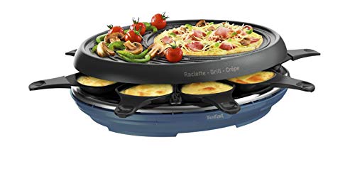 Tefal - Raschietto Colormania 3 in 1 per raclette e crepe, rivestimento antiaderente Easy Plus, 8 padelle, lavabile in lavastoviglie, 1050 W, blu acciaio RE310401