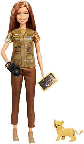 Barbie- Carriere Fotoreporter Bambola Bruna con Cucciolo di Leone, Ispirata a National Geographic, Giocattolo per Bambini 3 + Anni, GDM46