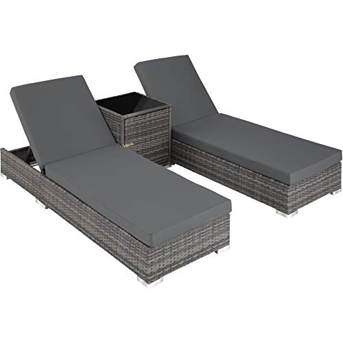 TecTake 2x LETTINO ALLUMINIO POLY RATTAN + TAVOLO SET GIARDINO SDRAIO PRENDISOLE SEDIA + involucro protettivo + 2 federe - disponibile in diversi colori - (Grigio | No. 403088)