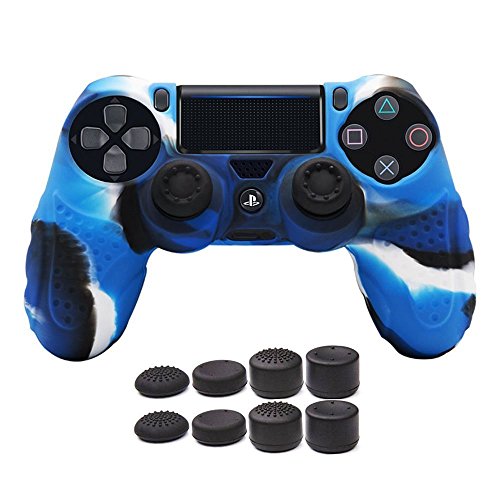 Custodia in Pelle per Controller PS4 CHINFAI con 8 Prese per Il Pollice, Custodia Protettiva in Silicone per Impugnatura in Silicone Antiscivolo per Controller Sony PS4 / Slim/PRO (Camouflage Blu)