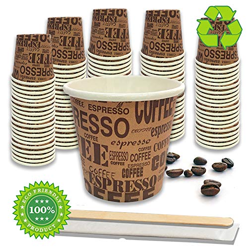 100 Pz Bicchieri Caffe di Carta Biodegradabili Biocompostabili Tazzine 75ml + 100 Pz Palettine Legno Betulla