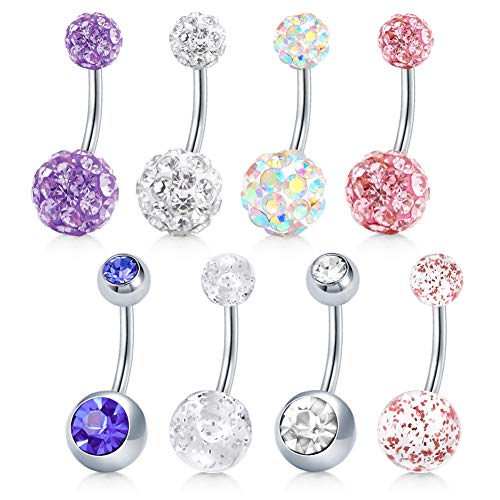 Mayhoop 8 Pezzi 14G Piercing Ombelico Acciaio Chirurgico Donna Zircone Palla glitterata Sfera lastricata di cristallo Anello Ombelico Piercing del Corpo Barra 10mm