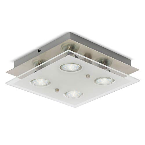 B.K.Licht Plafoniera LED da soffitto, include 4 lampadine GU10 da 3W 250 Lumen, luce calda 3000K, lampada moderna da soffitto, lampadario quadrato corpo metallo e vetro, color nickel opaco 230V IP20