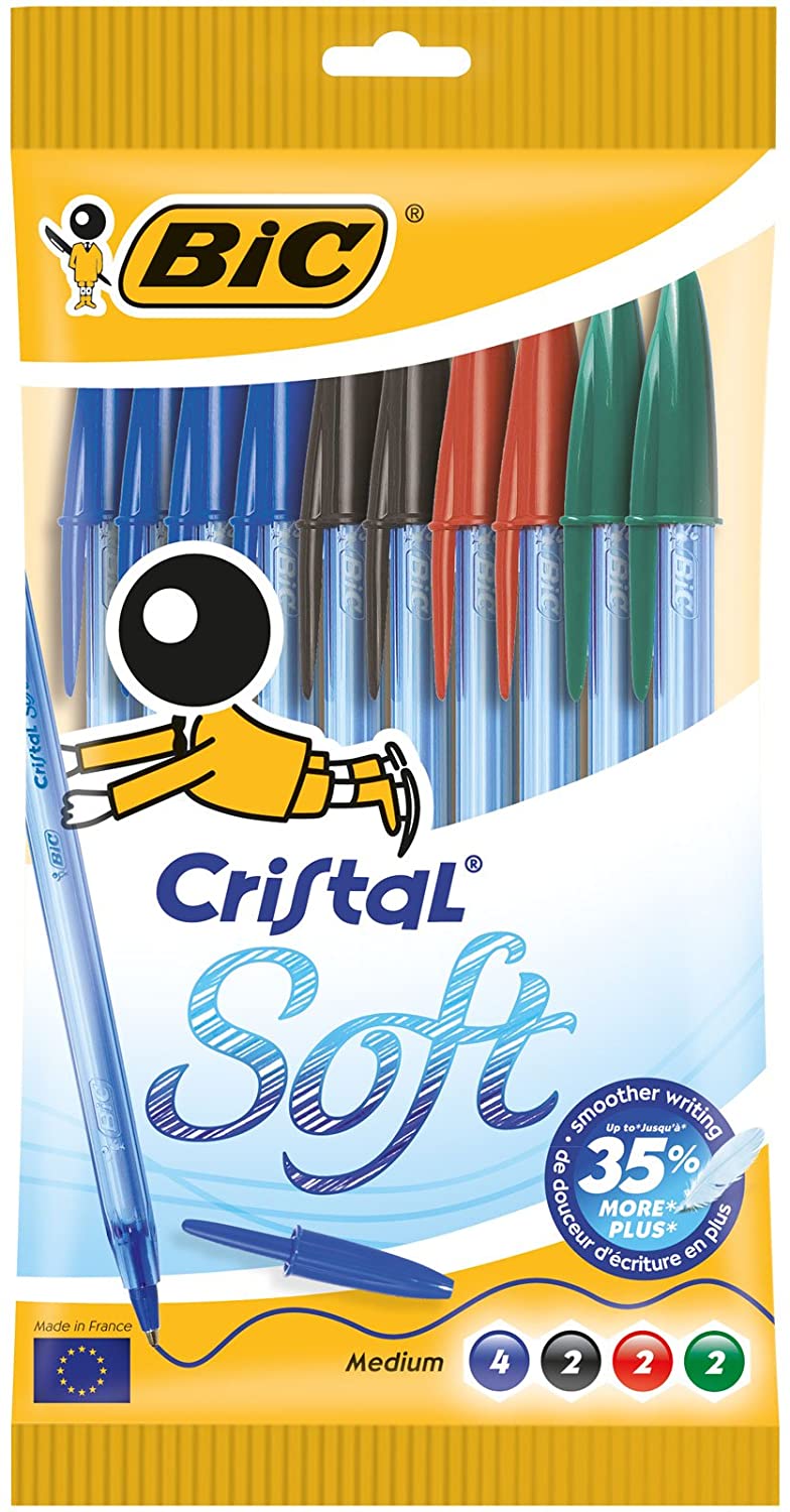 Bic Cristal Soft Punta Media 1,2 mm Confezione 10 Penne con Cappuccio Colori Assortiti