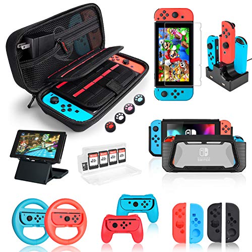 18 in 1 Kit di accessori per Switch kit con custodia per il trasporto, protettiva per lo schermo, Dock di Ricarica/Supporto/Cavo Prolunga/Custodia per Schede/Grip Joy-con/Custodie