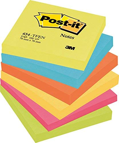 Post-it Super Sticky Foglietti, 100 Fogli, Confezione da 6 Blocchetti, 76 x 76 mm, Multicolore (Blu/Fucsia/Giallo/Verde Neon)