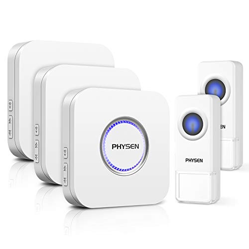 Campanello Senza Fili PHYSEN Wireless Doorbell IP55 Impermeabile,2 Trasmettitore e 3 ricevitori plug-in,funzionamento fino a 300m di gamma,4 livelli di volume regolabili,52 suonerie,per Casa Ufficio