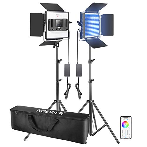 Neewer 2pz RGB Luce 660 LED SMD Controllo via APP, Kit d’Illuminazione con Cavalletti & Borsa di Trasporto, CRI 95, 3200-5600K, Luminosità 0% - 100%, 0-360 Colori Regolabili, 9 Condizioni Applicabili