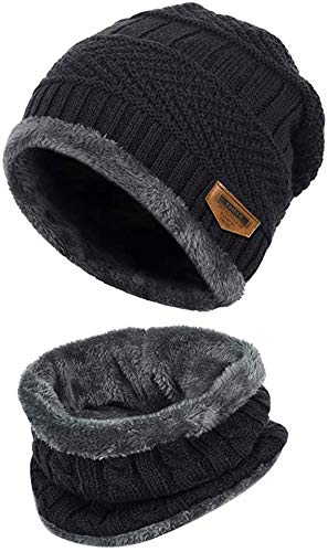 QIANS Cappello Uomo Donna Invernale Berretto Uomo in Maglia con Sciarpa 2 Pezzi Cappello da Sci all'aperto e Set Sciarpa Teschio Lavorato a Maglia (Nero)