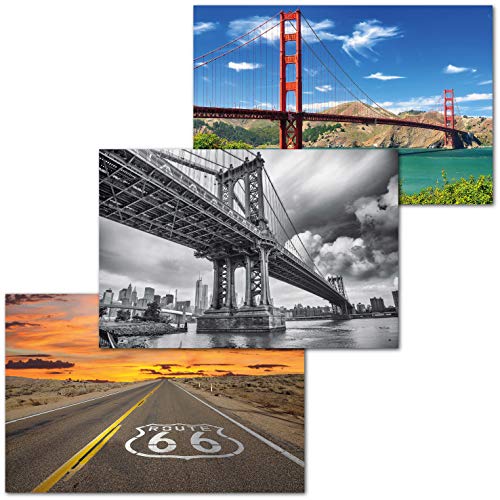 GREAT ART Set di 3 Poster XXL - Attrazioni Turistiche in America - Route 66 Golden Gate Manhattan Bridge Highway Ponte Città Decorazione Interni Murale cadauno 140 x 100 cm