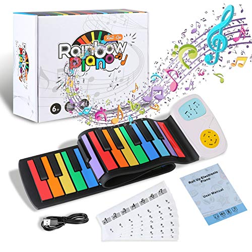 Hricane Kids Piano Keyboard Flessibile Rainbow Roll Up Piano 49 Tasti, Tastiera musicale Portatile USB Ricaricabile Giocattolo Strumenti Regalo per Bambini