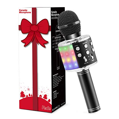 Fede Microfono Karaoke Bluetooth Wireless per Bambini, Karaoke Portatile con Luci LED Multicolore per Cantare, Funzione Eco, Compatibile con Android/iOS, PC o smartphone