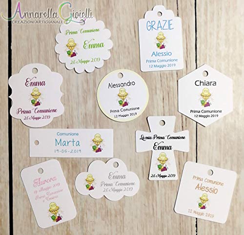 Cartellini Comunione personalizzati, a partire da 20 pezzi, vari colori, per bomboniera, classico, croce, fiore, rettangolo, nuvola, ovale, quadrato, tondo, etichette, Prima Comunione, tag