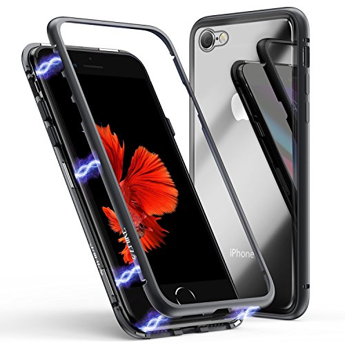 Custodia per iPhone 6/6s, Custodia ad Assorbimento Magnetico ZHIKE Montatura in Metallo Ultra Sottile Vetro temperato con Cover Magnetica Integrata per Apple iPhone 6/6s (Nero Trasparente)