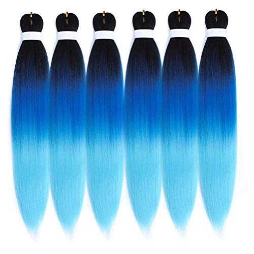 3Packs/Lot Easy Braid Capelli intrecciati pre allungati Extension Trecce Prurito Impostazione acqua calda gratuita Fibra sintetica Yaki Texture Estensione naturale dei capelli (24 Inch 6 Pack,Black Blue Light Blue)