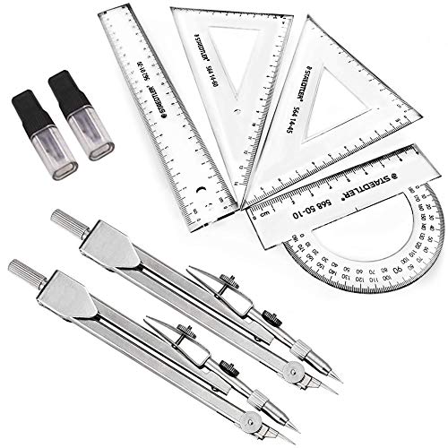 INTVN Geometry Compass Set 8pcs Stainless Steel Drawing Compass Geometry Tools Math Measurement with Ruler Protractor Pencil Lead