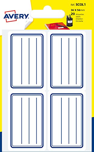 Avery Bustina di 20 etichette scolastici – 36 x 56 mm – Tagliere A6 – Linee Blu (scol1)