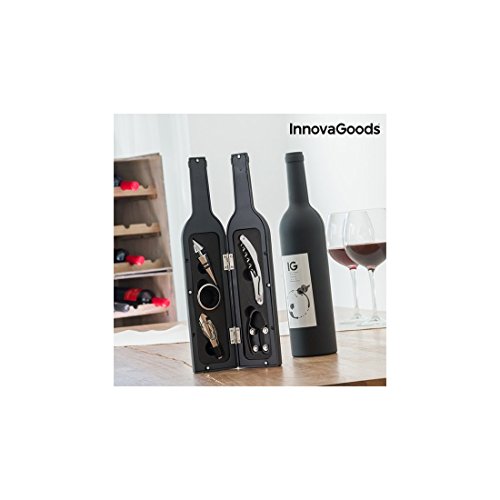 InnovaGoods, Cofanetto di Accessori per Vino a Forma di Bottiglia, Acciaio Inox, Nero, 7 x 7 x 33 cm