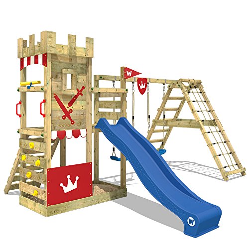 WICKEY Parco giochi in legno Smart Crown Giochi da giardino con altalena e scivolo blu, Torre di arrampicata da esterno con sabbiera per bambini