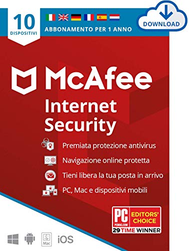 McAfee Internet Security 2021, 10 Dispositivi, 1 Anno, Software Antivirus, Gestore di Password, Sicurezza Mobile , PC/Mac/Android/iOS, Edizione Europea, Codice d'Attivazione via Email