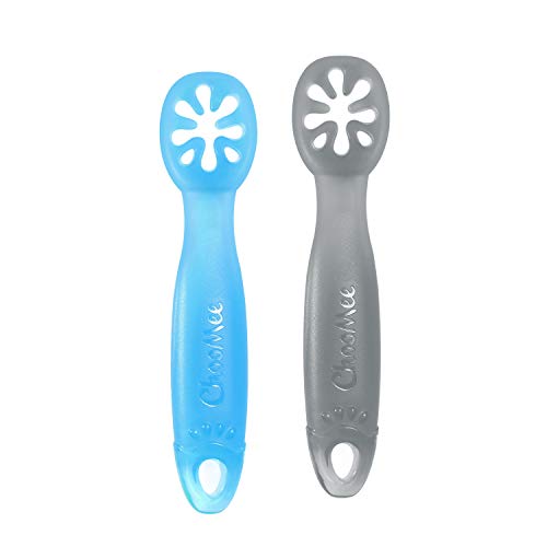 ChooMee FlexiDip Baby Starter Spoon | Platinum Silicone | First Stage Teething Friendly Learning Utensil | 2 CT | Blue Grey