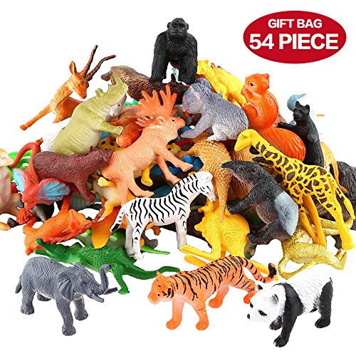 Figure Animali, 54 Pezzi Mini Giungla Giocattoli Set, Mondo Zoo Realistico Selvaggio Vinile Plastiche Risorse di Apprendimento Bomboniere per Ragazzi Bambini Foresta Piccola Fattoria Giocattoli Giochi