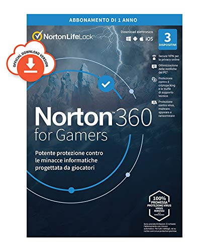 Norton 360 for Gamers 2021| Antivirus per 3 Dispositivi | Licenza di 1 anno | PC o Mac | Codice di attivazione via email