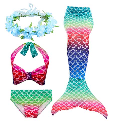 HiFunBay Ragazze Coda da Sirena per Nuotare Bambina Costume da Bagno Incluso 3PCS Bikini e Fiore Garland Archetto (DH47-B08,140)
