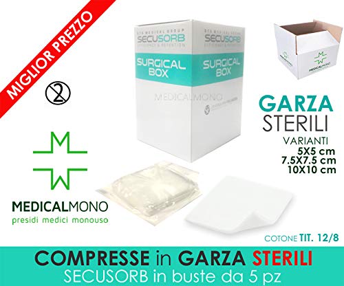MEDICALMONO Compresse di GARZA SECUSORB in Surgical Box - 8 e 16 strati - STERILI - Misure: 5x5-7.5x7.5-10x10 (200, 7.5x7.5 a 16 strati (40 buste da 5 pz) - 200 garze)