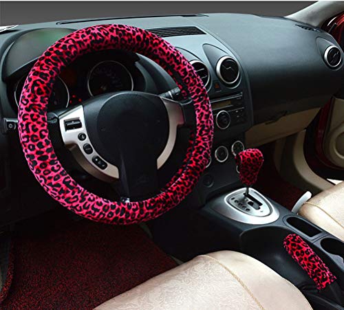 Coprivolante per auto 3 in 1 Soft Leopard Impugnatura del freno a mano Coperchio leva leva Coperture 38 cm Breve peluche inverno caldo per tutte le auto (Rosso)