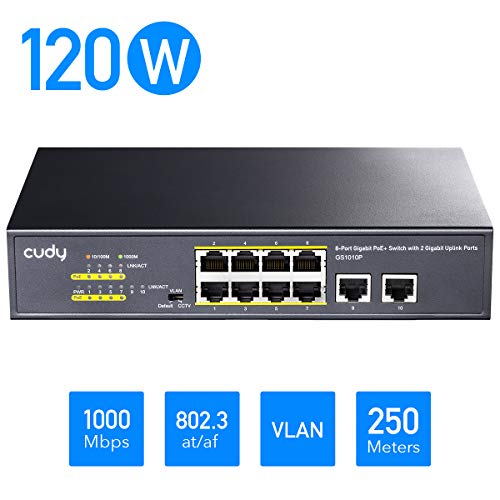 Cudy GS1010P Switch Ethernet Gigabit 10 Porte Poe+ 120W, 8 Porte 10/100/1000Mbps Poe/Poe+, Switch Unmanaged, No Alimentazione Aggiuntiva, 802.3af/at, Versione Rack in Metallo