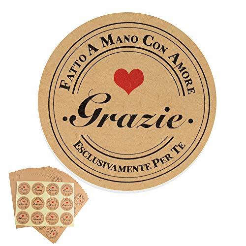 FLOFIA (Dia. 4cm) 300pz Adesivi Grazie Fatto a Mano con Amore Etichette Adesive Stickers Thank You Handmade with Love in Italiano Personalizzati Rotondi per Compleanno Matrimonio Bomboniere (25 Fogli)