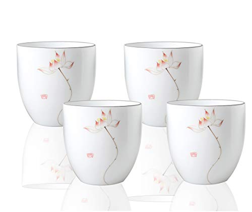 HwaGui-Tazza da tè in porcellana bianca cinese da 4 pezzi, modello Lotus rosso