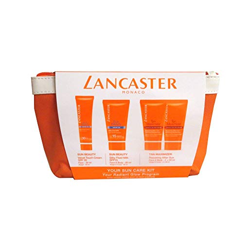 Lancaster Sun Care, set regalo con latte liquido setoso SPF15 Plus Sun Beauty Velvet Face Cream SPF30 Plus After Sun Tan Maximizer in sacchetto da 50 ml/30 ml/50 ml