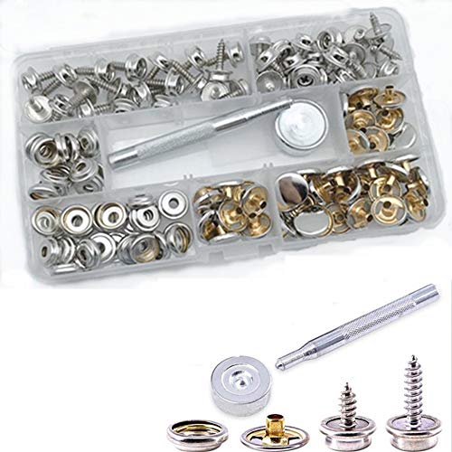 DIYARTS Kit di Bottoni A Pressione in Acciaio Inox 120 Pezzi Kit di Fissaggio A Bottoni in Tela E Tappezzeria per Barche A Vela con 2Pcs Attrezzo di Regolazione per Mobili di Copertura per Barche