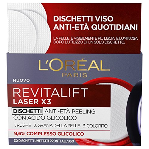 L'Oréal Paris Trattamenti Revitalift Laser X3 Dischetti Viso Anti-Età Antirughe Peeling con Acido Glicolico, EsfoliAnti e IlluminAnti