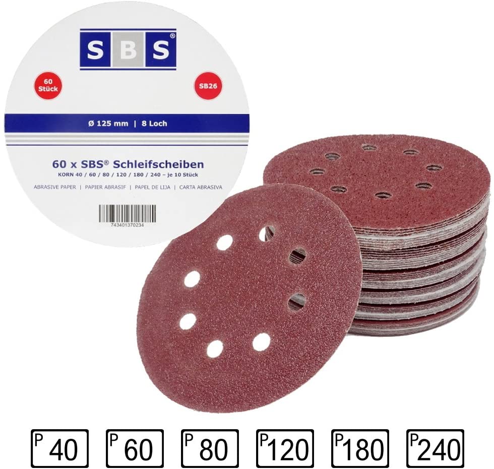 SBS - 60 dischi abrasivi a 8 fori, per levigatrice eccentrica, diametro: 125 mm, grana: 10 dischi da 40, 10 dischi da 60, 10 dischi da 80, 10 dischi da 120, 10 dischi da 180, 10 dischi da 140