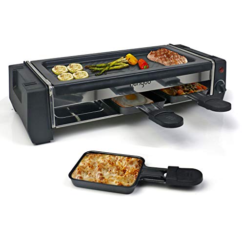 HengBo Grill per Raclette 2 Persone con una Padella Antiaderente per la Griglia e 3 Mini Padelle, Temperatura Regolabile, 700W, Acciaio Inossidabile, Nero