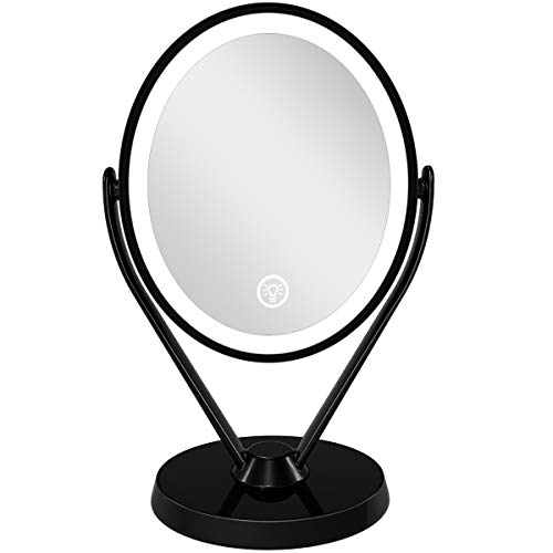 Specchio per Trucco Bifacciale Ingrandimento 1x/7x con luci a LED, Specchio Cosmetico Illuminato con Luminosità a 3 Livelli Regolabile Tramite Interruttore Touch, Specchio da Tavolo per Bagno (Nero)
