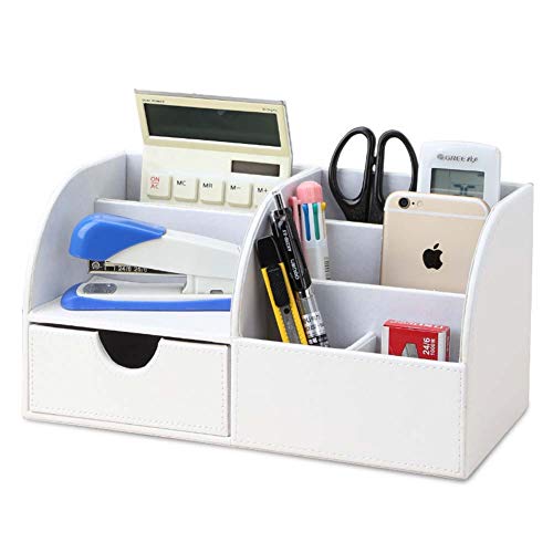 Nyyi Multifunzione Organizzatore da Scrivania per Ufficio, PU Pelle Scatola di Immagazzinaggio per Penne Cancelleria con Cassetto Portaoggetti di Cancelleria Office Desk Organizer - Bianco