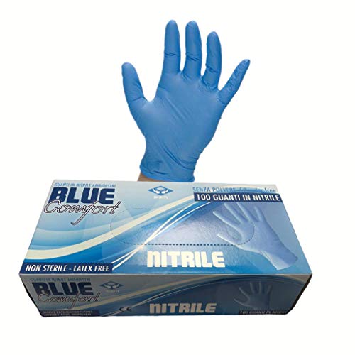BLUECOMFORT guanti in Nitrile senza polvere pacco da 100 pezzi. Dispositivo medico di classe 1. Taglie S M L XL (L)