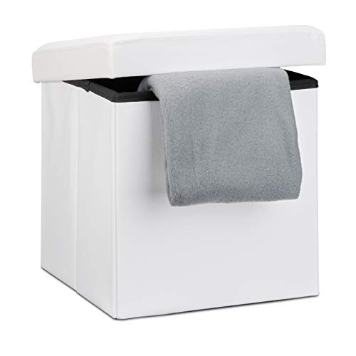 Relaxdays Sgabello, Coperchio, Pouf Contenitore, Poggiapiedi, in Ecopelle, H x L x P: 38 x 38 x 38 cm ca. Bianco, Vinile, 1 pz